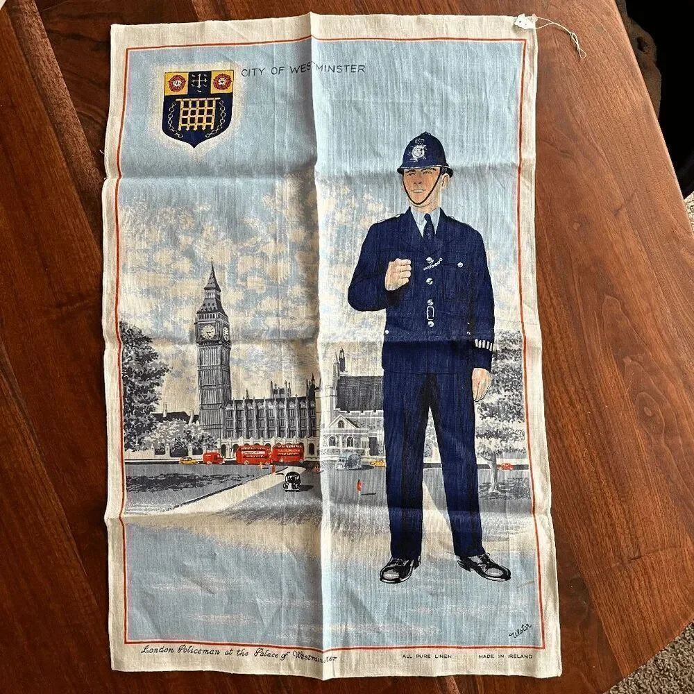 VTG Irish Linen Tea Towel City of Westminster Policeman Big Ben 20x30